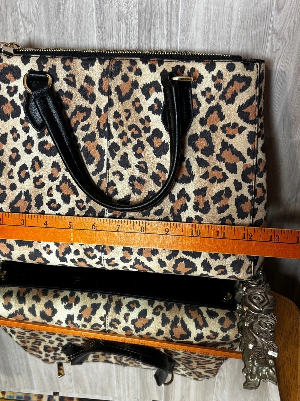 On 34th Leopard Print Satchel Tote Handbag Black Trim Gold Hardware